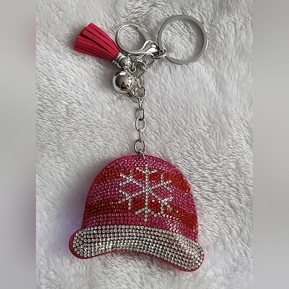 Winter Hat Pink and Silver Snowflake Design Keychain Bag Charm - Picture 1 of 3